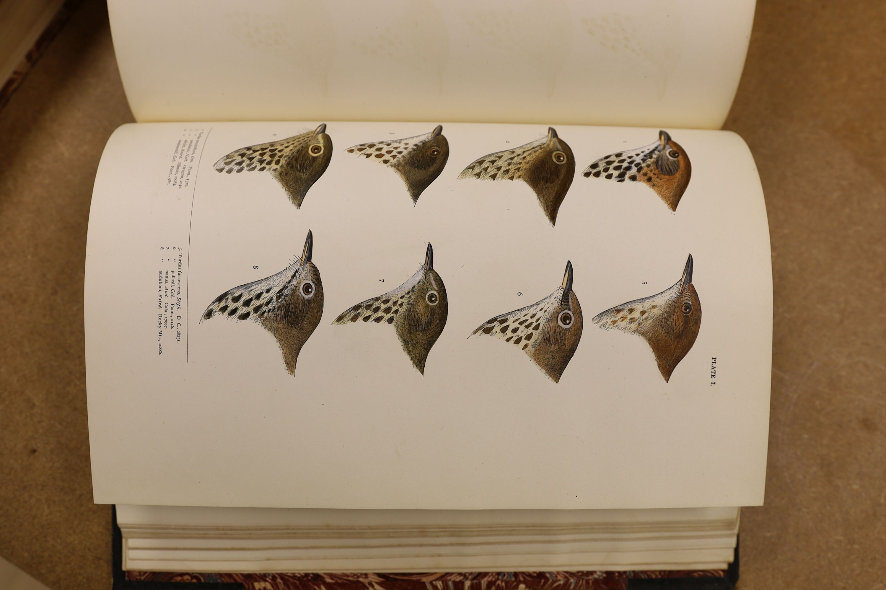 Baird, S.F. & Others - A History of North America Birds: Land Birds, 3 vols., coloured plates and other illus.; old half leather and marbled boards, gilt tops and marbled e/ps., 4to.